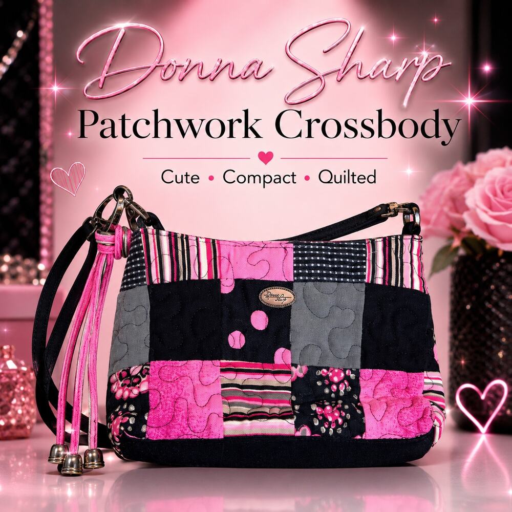 Donna Sharp Pink Black Patchwork Quilted Crossbody Bag Small